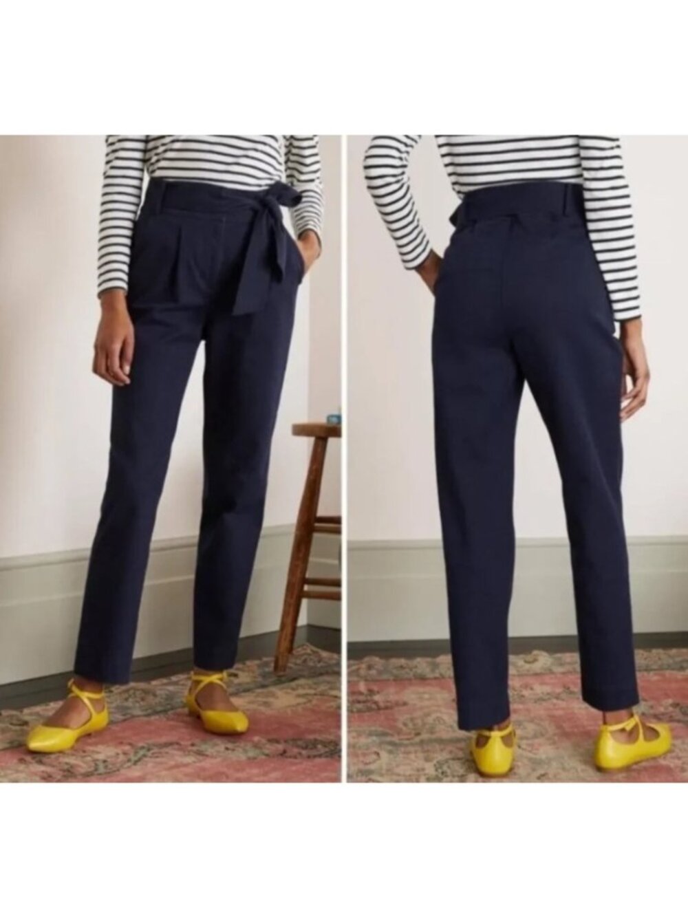 Boden Navy High-Waist Straight-Leg Tie Pants